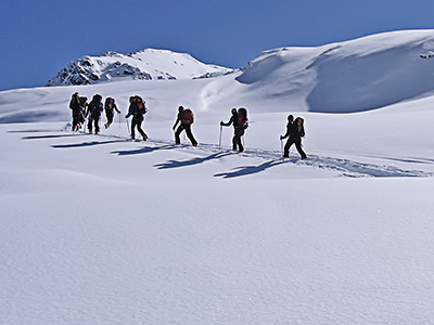 gruppo di scialpinisti in salita con gli sci sulla distesa di neve